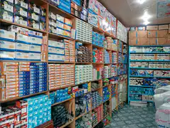 stationery shop shelves packed with boxes