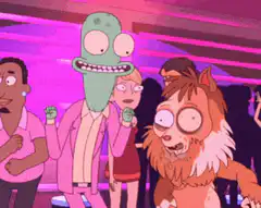 Mr. Meeseeks and Mr. Goldenfold dancing