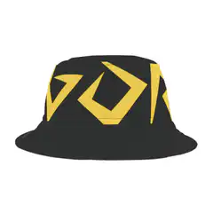 black and white bucket hat with yellow and grey logo