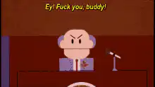 Angry bald man yelling at microphone