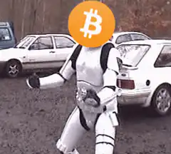 Stormtrooper dancing with Bitcoin head