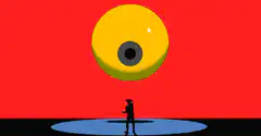 Silhouette man staring at giant yellow eye