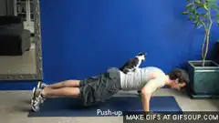 Man doing push-ups with cat on back
