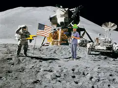 Astronaut and boy on the moon with lightning