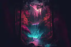 neon forest waterfall