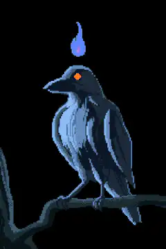 pixel art crow with blue flame