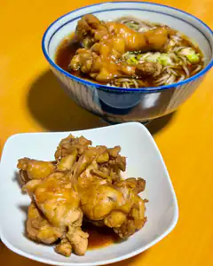 Braised chicken with noodles and side of chicken