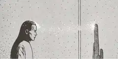 Man shooting sparks from eyes at cactus