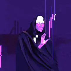 Purple hooded figure with stock chart