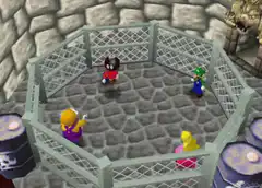 Mario and Luigi fight a Bob-omb in an octagon