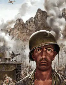 Wide-eyed soldier in battlefield