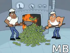 Two sailors shoveling money into a furnace