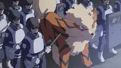 Arcanine walking past riot police