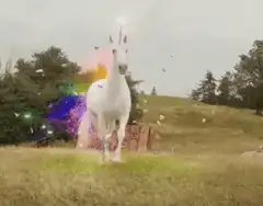 White unicorn with rainbow mane walking in field