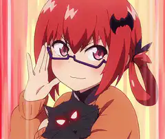 Red-haired anime girl with glasses holding a black cat