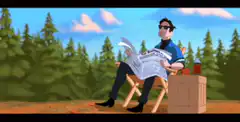 Man reading newspaper as disaster looms