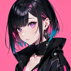 Anime girl with black hair and pink background