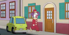 Clowns exiting a building