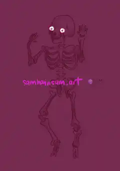 Skeleton with glowing eyes on purple background