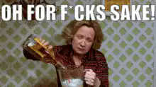 Woman pouring drink with caption
