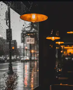 rainy street view from cafe window
