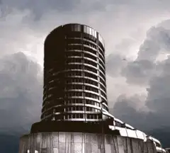 Time-lapse of dark clouds over a cylindrical building