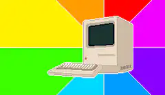 Pixel art computer on spinning rainbow background