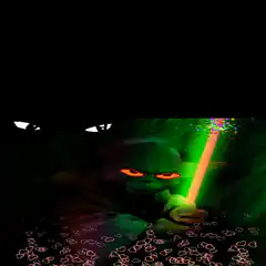 Yoda with glowing eyes and lightsaber