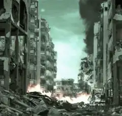 War-torn city street with fires