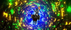 Robot riding a bull through a crypto tunnel