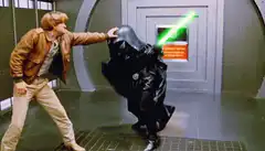 Luke Skywalker pushes Darth Vader