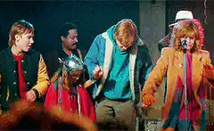 The Goonies singing on stage