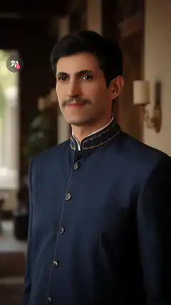 Man in blue sherwani with mustache