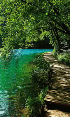 wooden boardwalk along turquoise lake