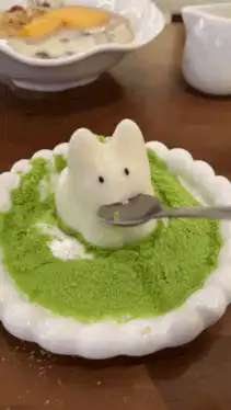 Peep bunny eating matcha powder