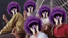 people with purple bird heads