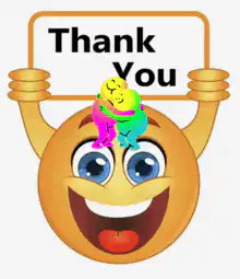 Emoji holding thank you sign with two small figures