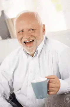 Old man laughing with coffee cup