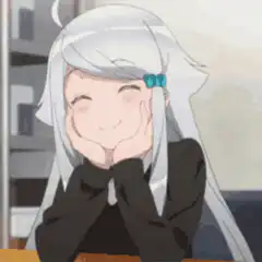 anime girl resting chin on hands smiling