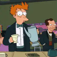 Fry pours coffee into his cup