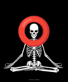 Skeleton meditating with red ring