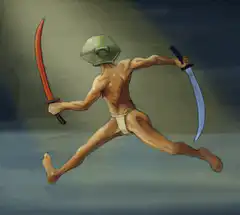 Naked swordsman with bucket head