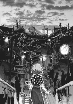 Girl walking through a crowded street at dusk