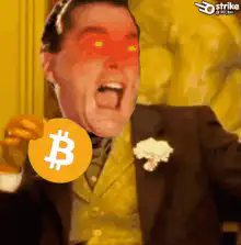 Man with glowing eyes holding Bitcoin