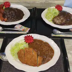 Three plates of Japanese curry with meat and sides