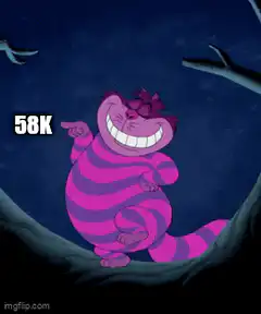 Cheshire Cat pointing at 58K