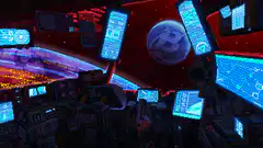 Pixel art spaceship cockpit with Bitcoin planet