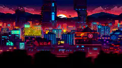 pixel art cyberpunk city sunset