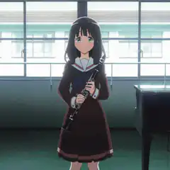 Kanade holding clarinet and bowing