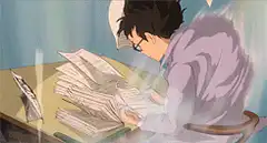 anime student overwhelmed by papers